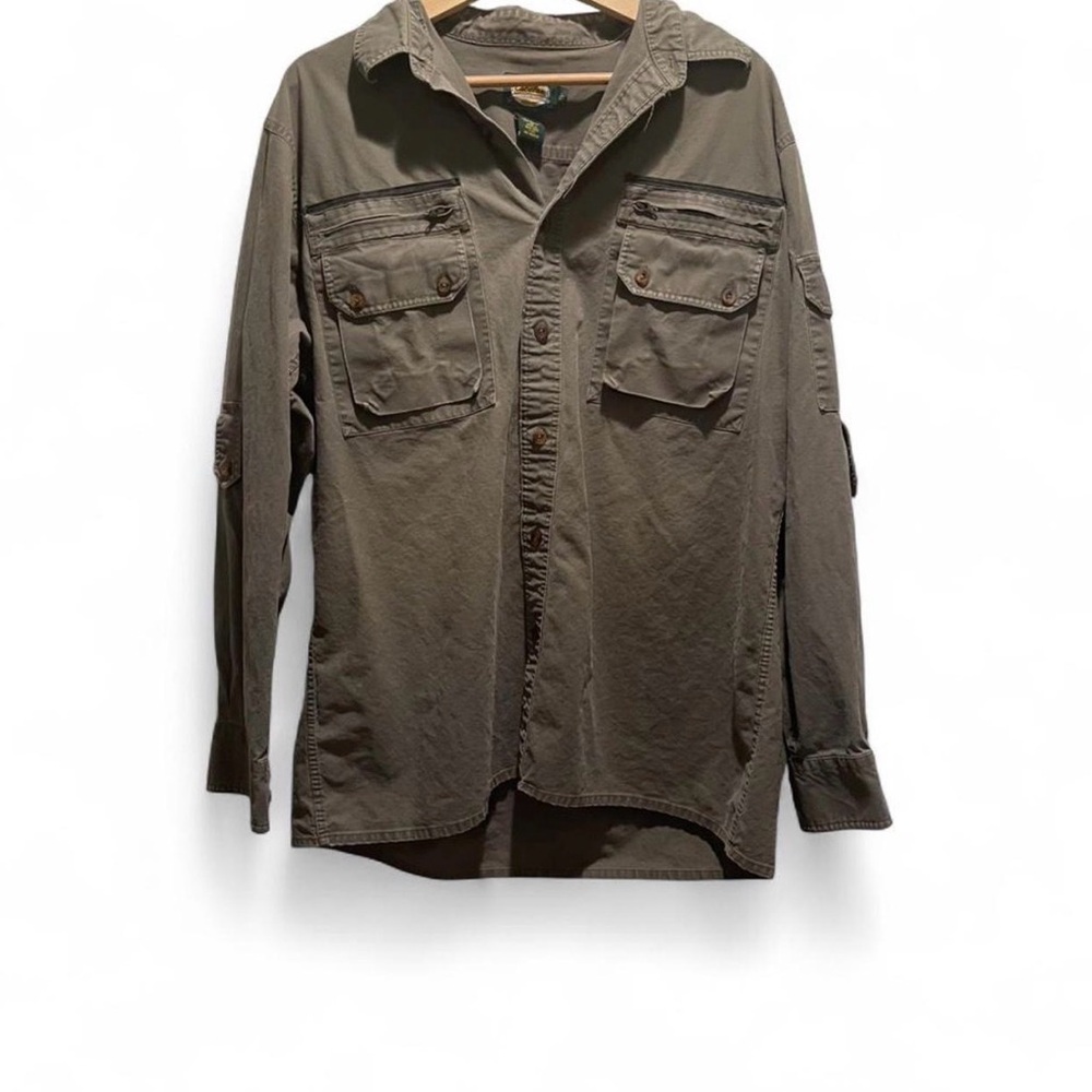 Cabela's Khaki Green FISHING Button Down Shirt Size Large